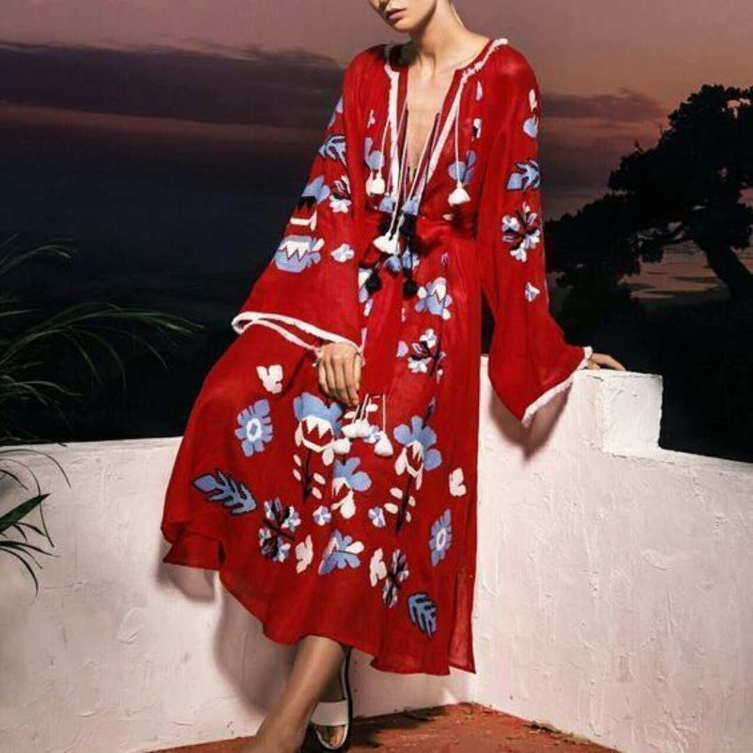 Bohemian Retro Sexy Print V-Neck Long-Sleeved Beach Long Dress