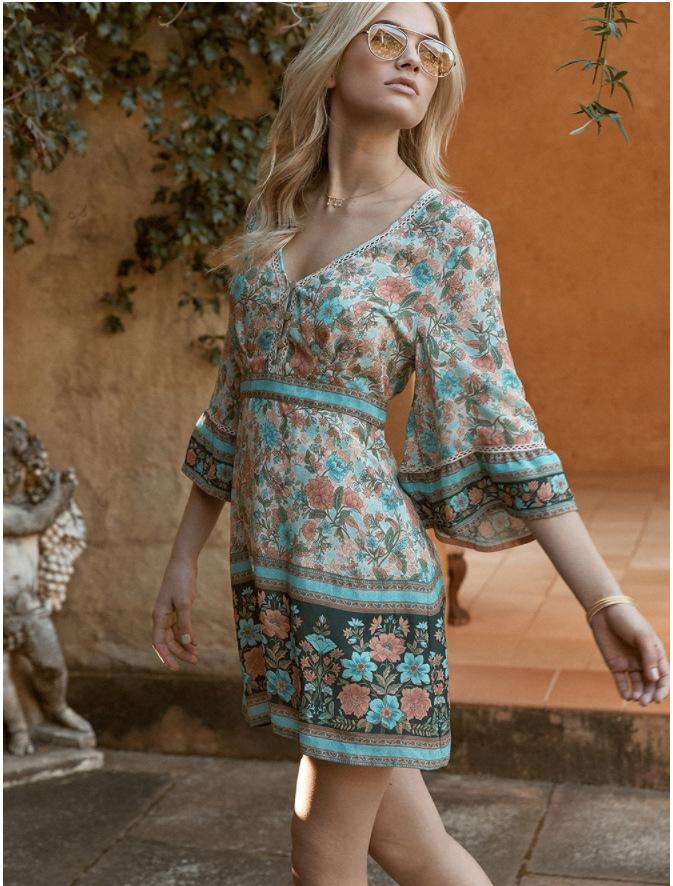 Boho Floral Print V-Neck Summer Flare Sleeve Hippie Beach Mini Dress