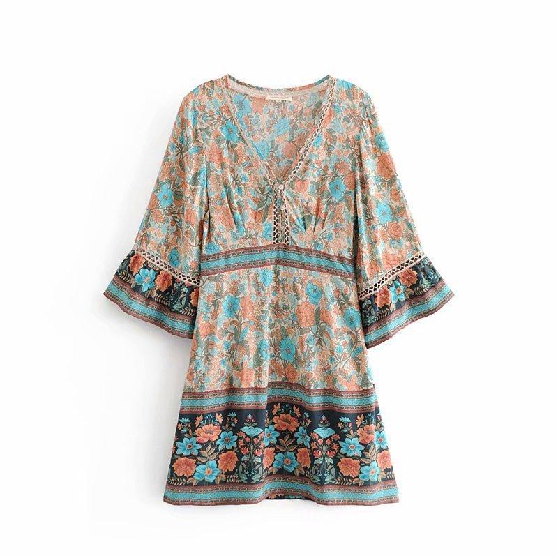 Boho Floral Print V-Neck Summer Flare Sleeve Hippie Beach Mini Dress