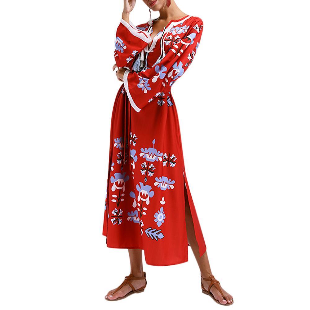 Bohemian Retro Sexy Print V-Neck Long-Sleeved Beach Long Dress