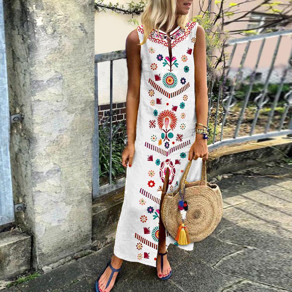 Boho Floral Summer Sleeveless Split Maxi Dress