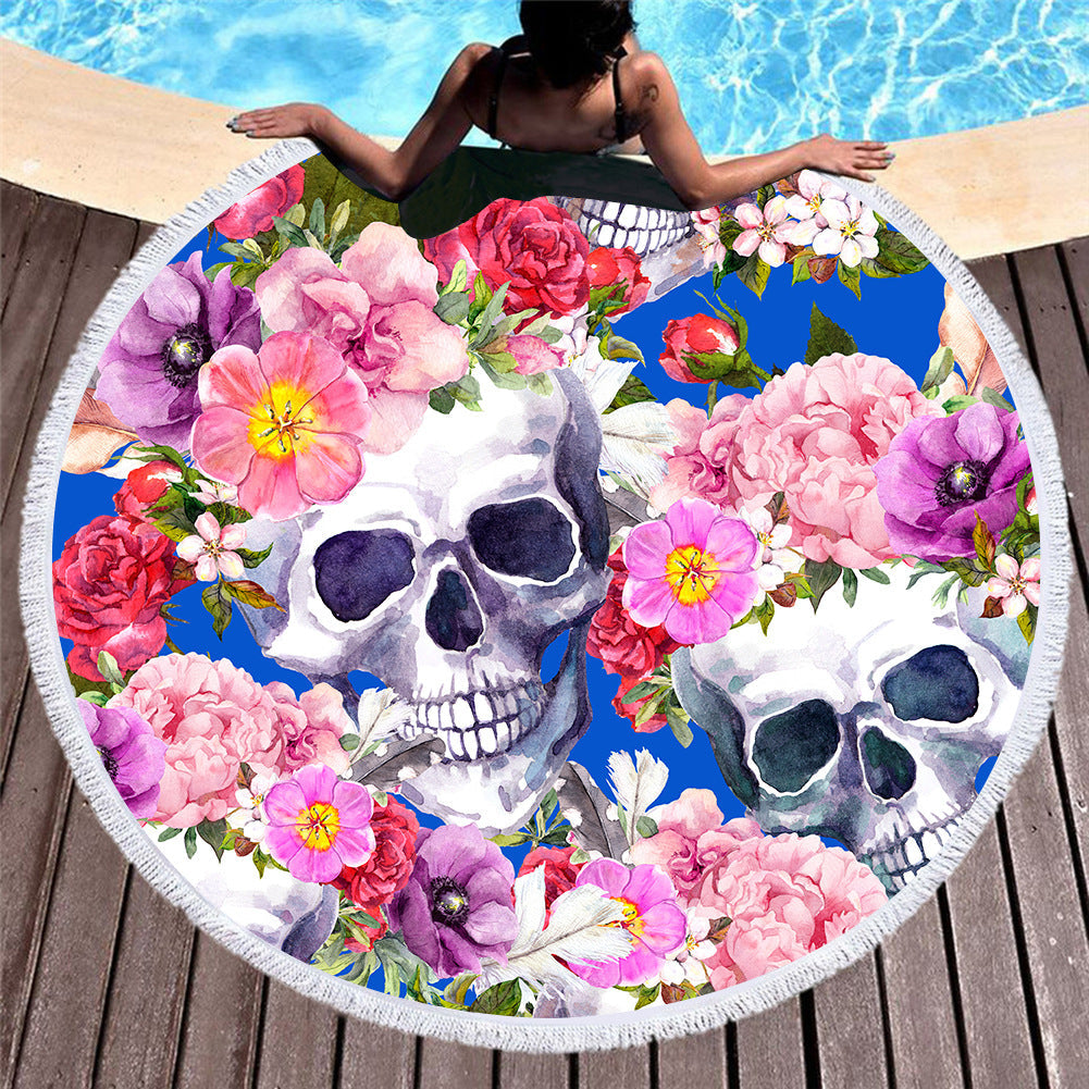 Boho Skull Floral Print Round Yoga Mat Print Tassel Summer Beach Towel