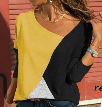 Stitching Contrast Color Round Neck Long Sleeve Casual T-Shirt Top