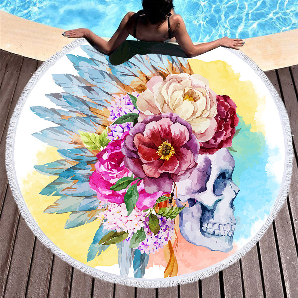 Boho Skull Floral Print Round Yoga Mat Print Tassel Summer Beach Towel