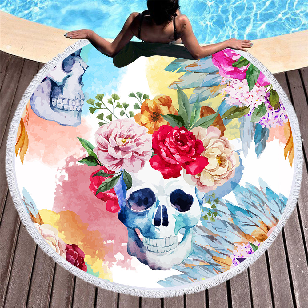 Boho Skull Floral Print Round Yoga Mat Print Tassel Summer Beach Towel