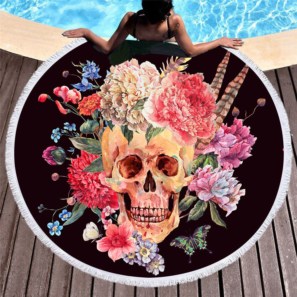 Boho Skull Floral Print Round Yoga Mat Print Tassel Summer Beach Towel