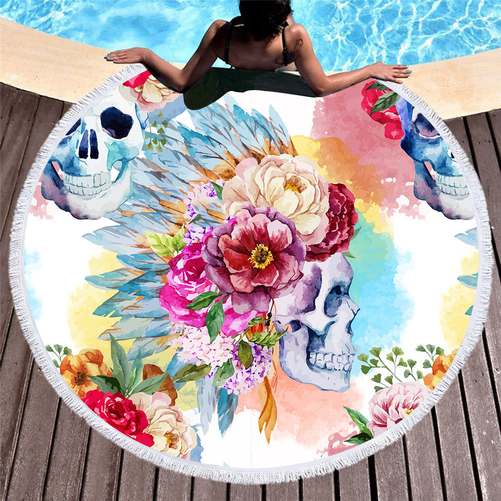 Boho Skull Floral Print Round Yoga Mat Print Tassel Summer Beach Towel