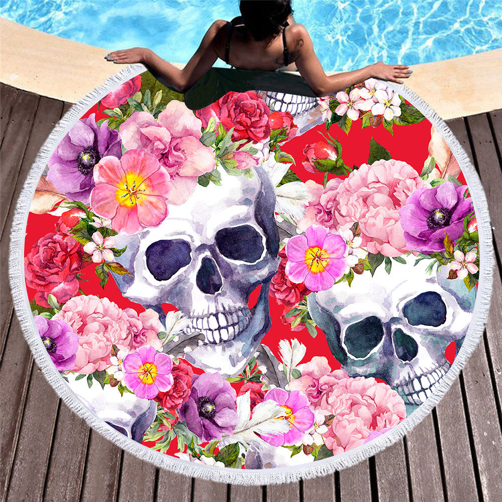 Boho Skull Floral Print Round Yoga Mat Print Tassel Summer Beach Towel