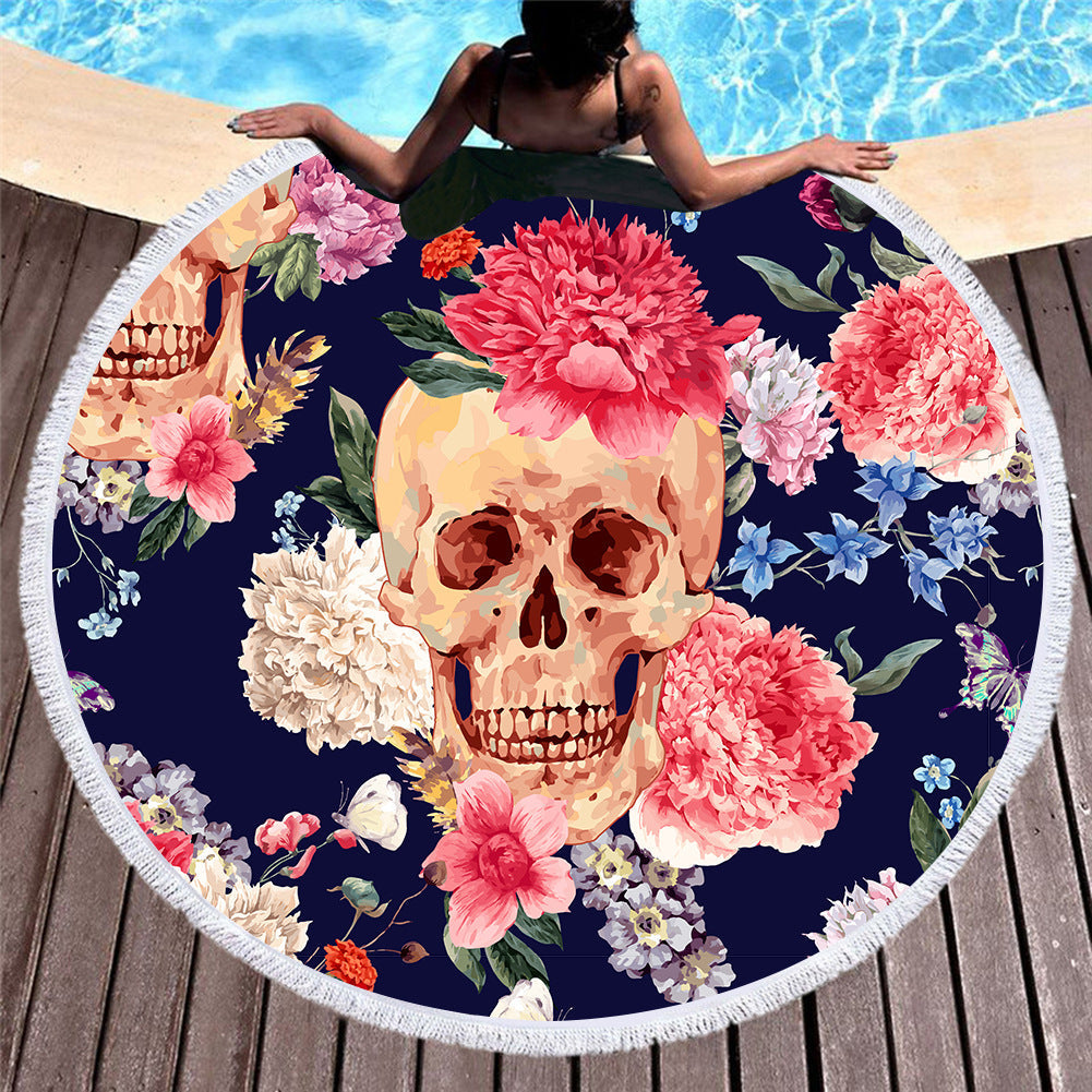 Boho Skull Floral Print Round Yoga Mat Print Tassel Summer Beach Towel