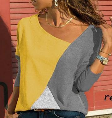 Stitching Contrast Color Round Neck Long Sleeve Casual T-Shirt Top