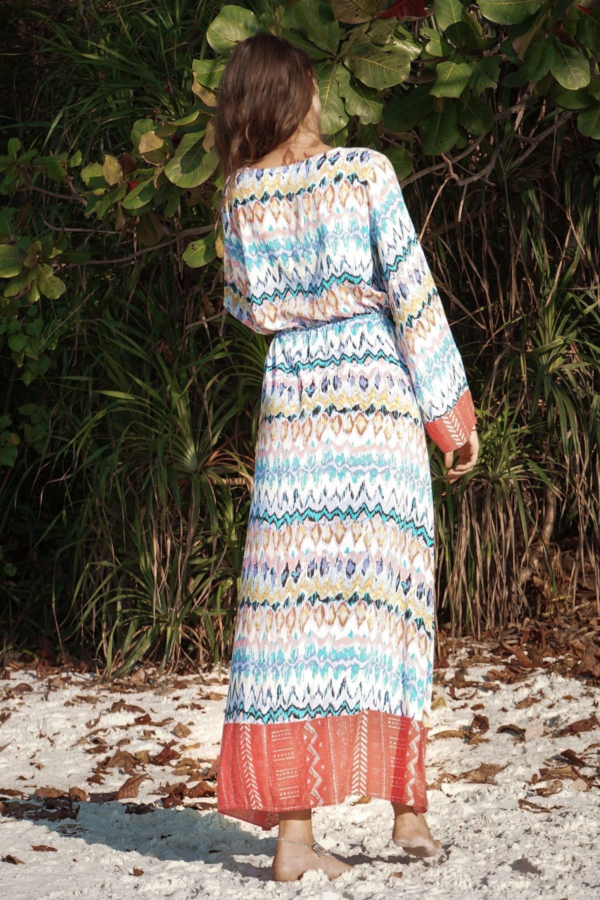 Long Sleeved Large Wave Printed Loose Tie V-neck Long Dress