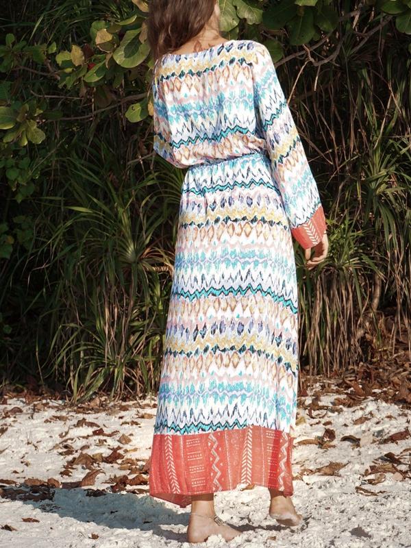 Long Sleeved Large Wave Printed Loose Tie V-neck Long Dress