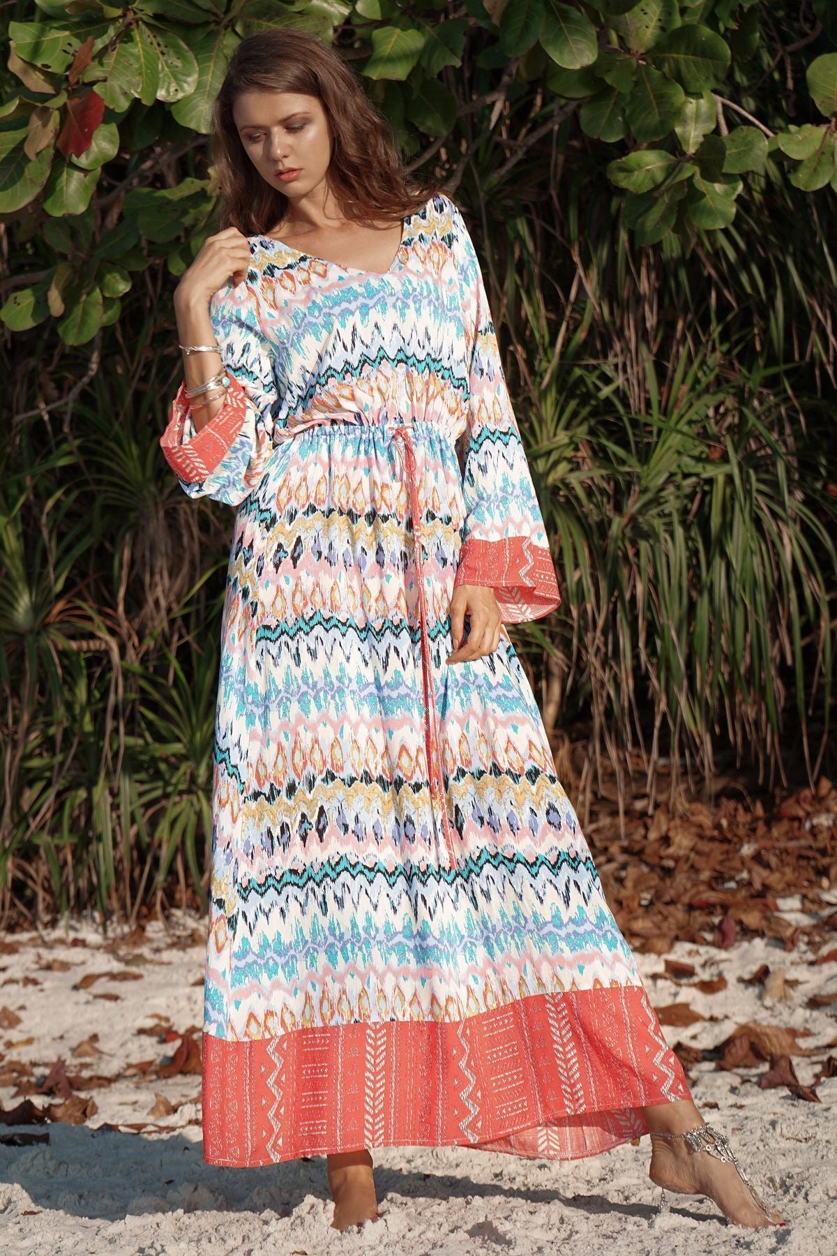 Long Sleeved Large Wave Printed Loose Tie V-neck Long Dress