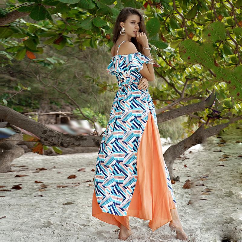 Boho Ruffled Sling Waist and Large Splicing Print Long Dress