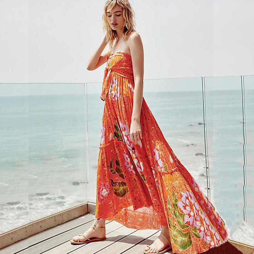 Sexy Bohemian V-Neck Print Slits Chiffon Orange Beach Dress