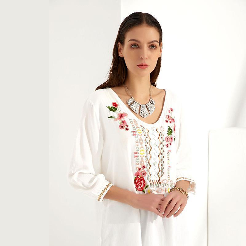 Embroidered Bohemian Floral Casual V-Neckline Sleeves Peasant Blouses Tops