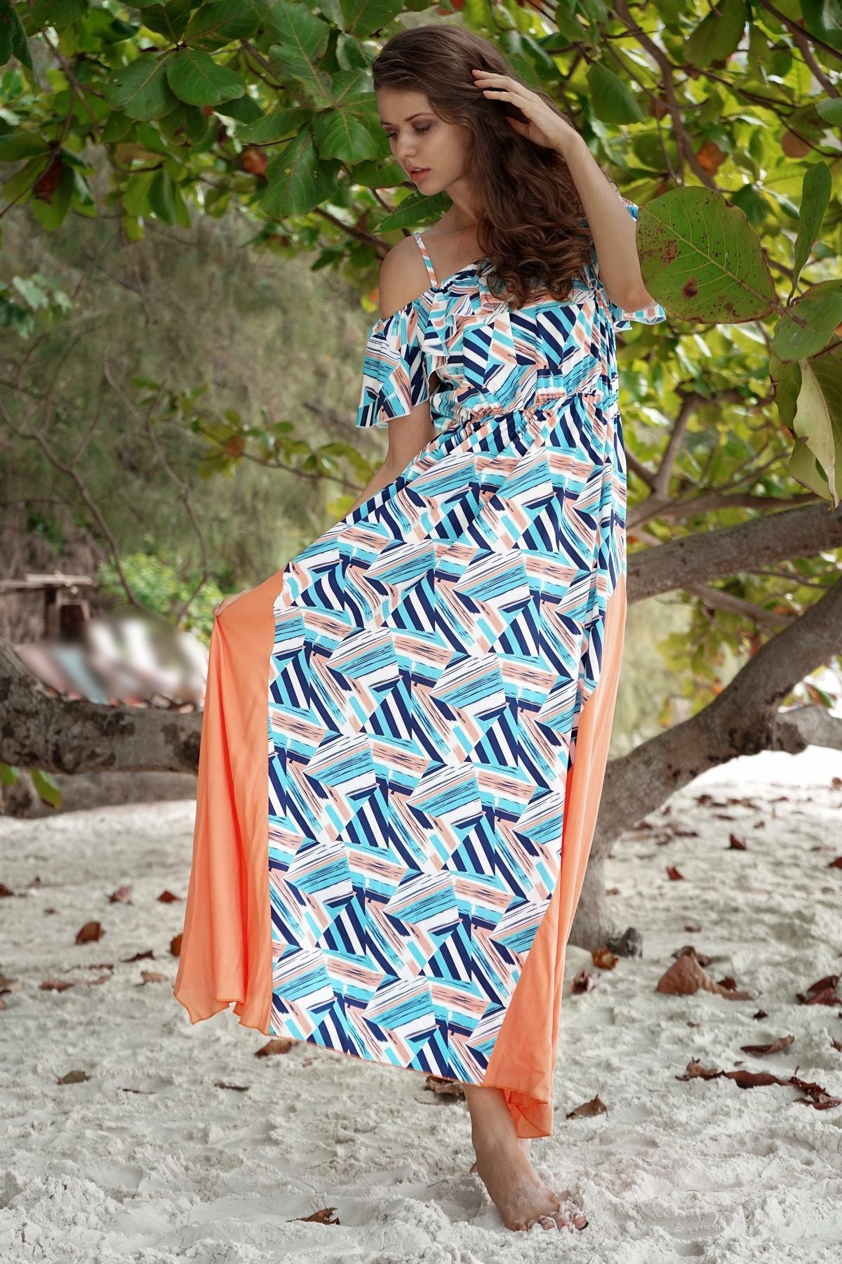 Boho Ruffled Sling Waist and Large Splicing Print Long Dress