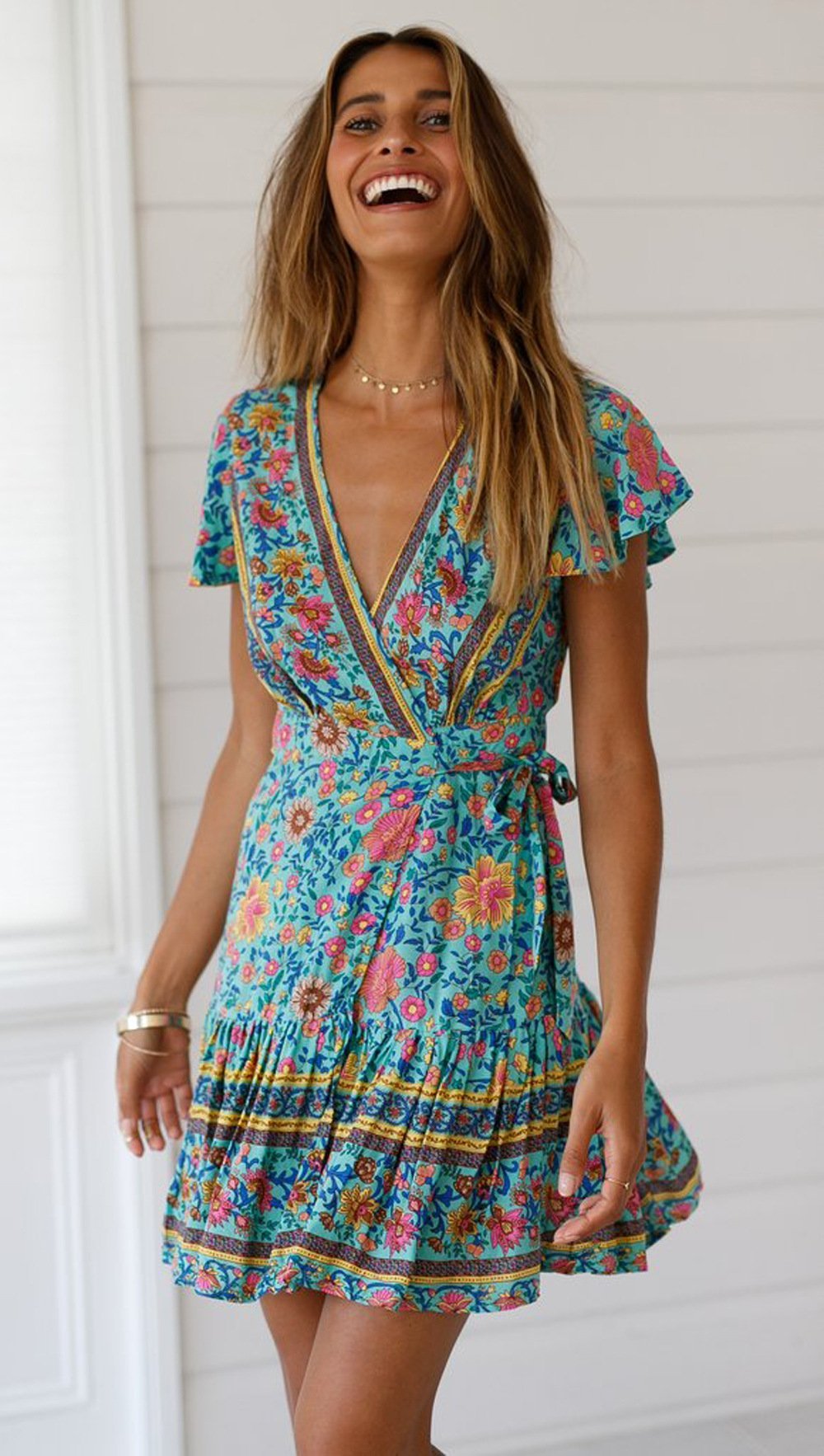 Spring Bohemian Beach Deep V-Neck Large Hem Print Dress