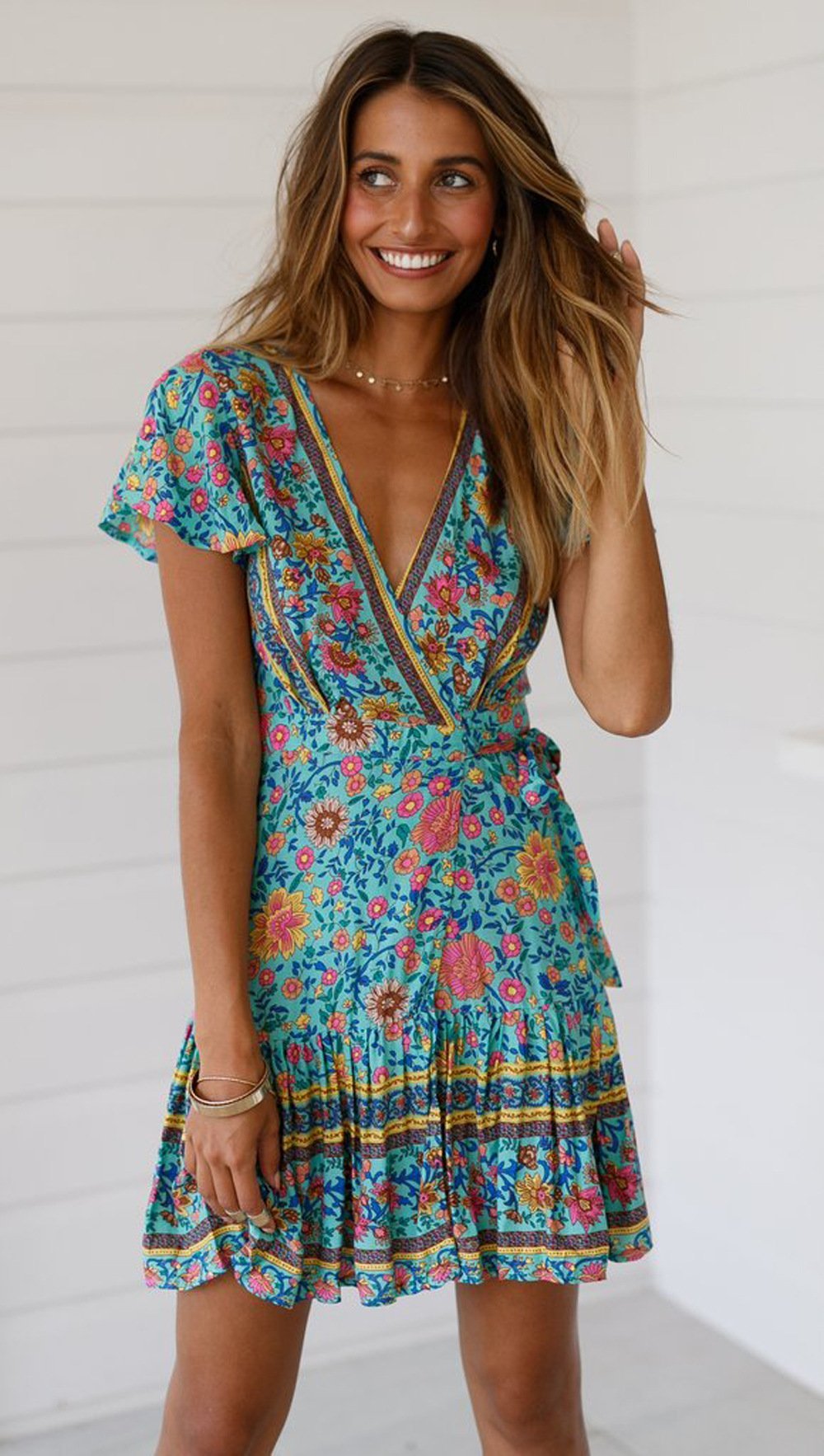 Spring Bohemian Beach Deep V-Neck Large Hem Print Dress