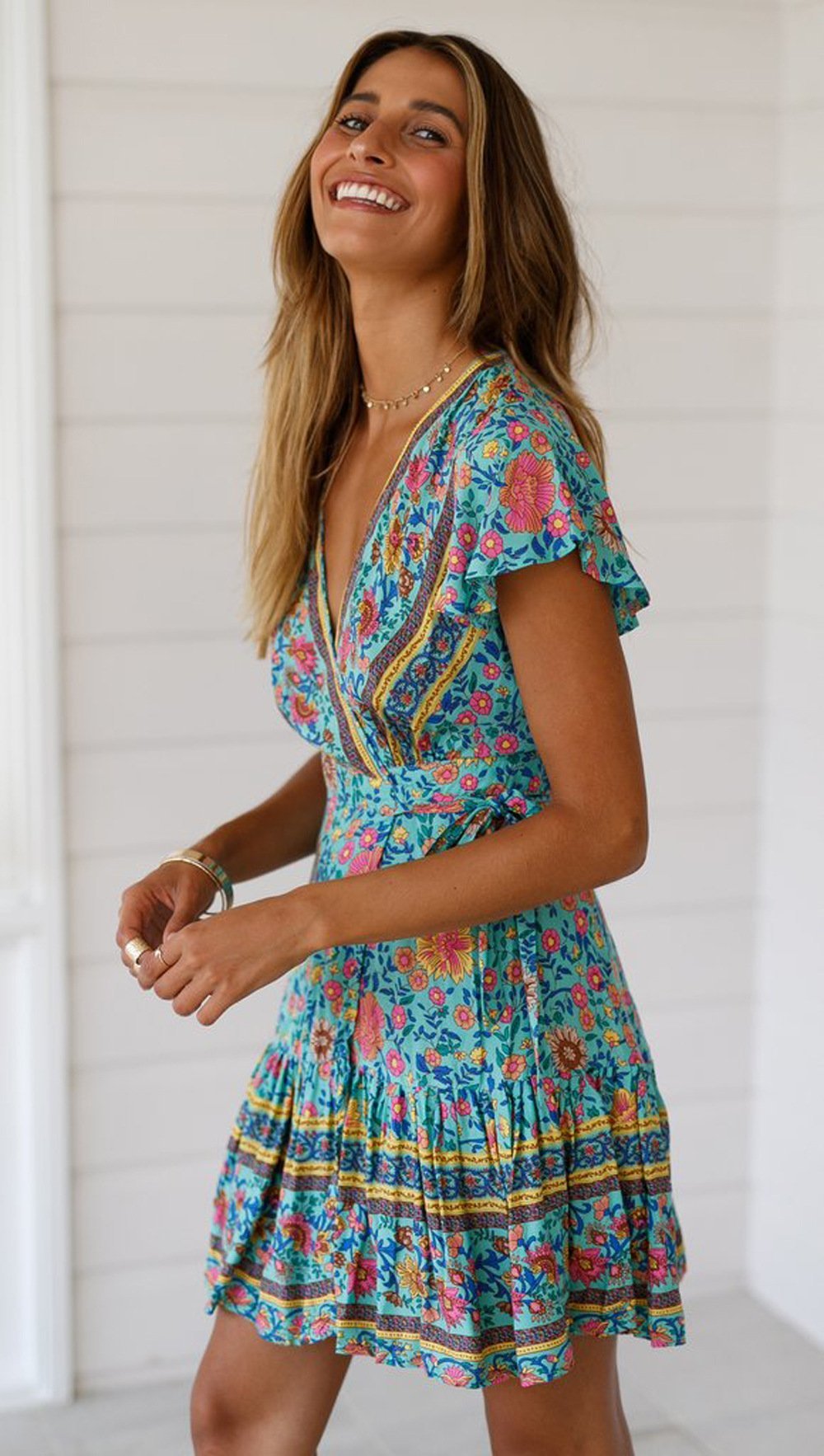 Spring Bohemian Beach Deep V-Neck Large Hem Print Dress