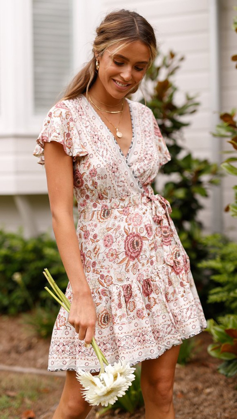 Spring Bohemian Beach Deep V-Neck Large Hem Print Dress