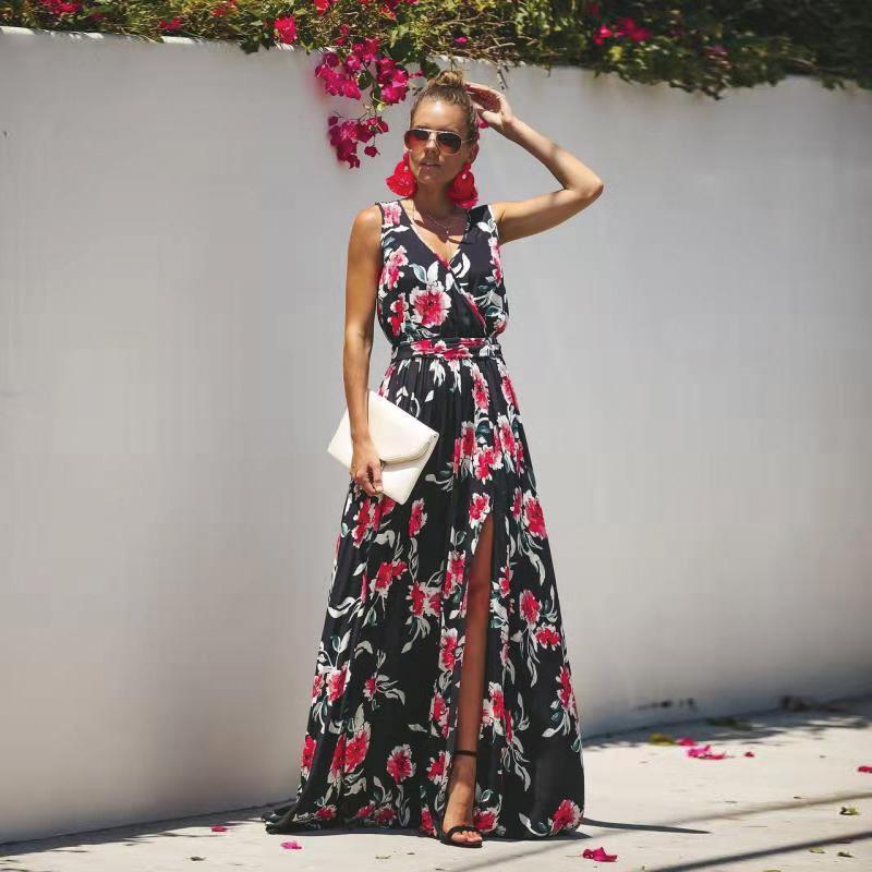 Bohemian Large Flower Print Slit V-Neck Sleeveless Large Swing Maxi Dress