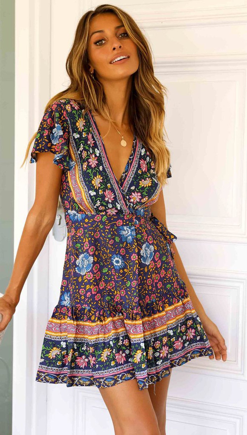 Spring Bohemian Beach Deep V-Neck Large Hem Print Dress