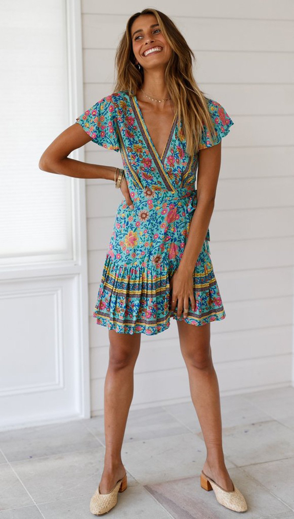 Spring Bohemian Beach Deep V-Neck Large Hem Print Dress