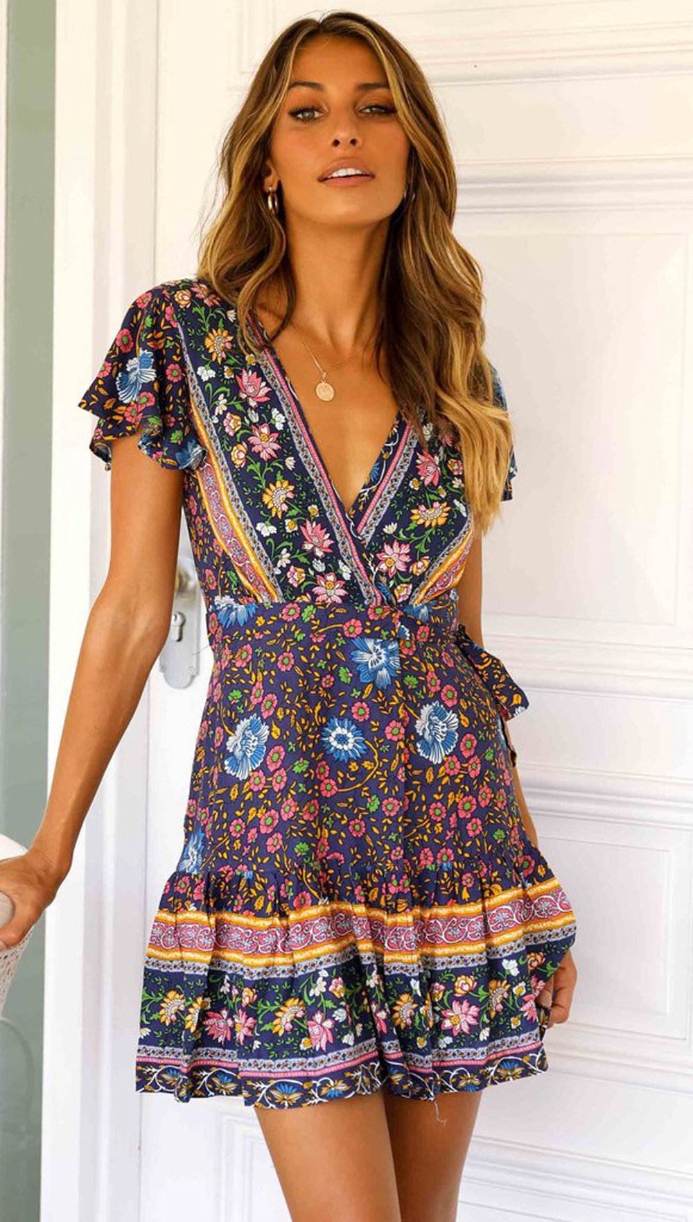 Spring Bohemian Beach Deep V-Neck Large Hem Print Dress