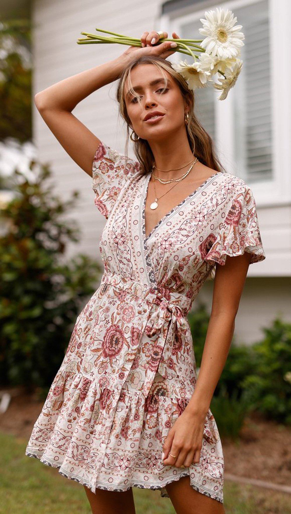 Spring Bohemian Beach Deep V-Neck Large Hem Print Dress