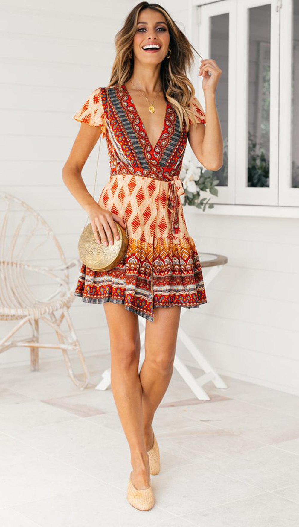 Bohemian Floral Pinrt Deep V-neck Summer Mini Dress