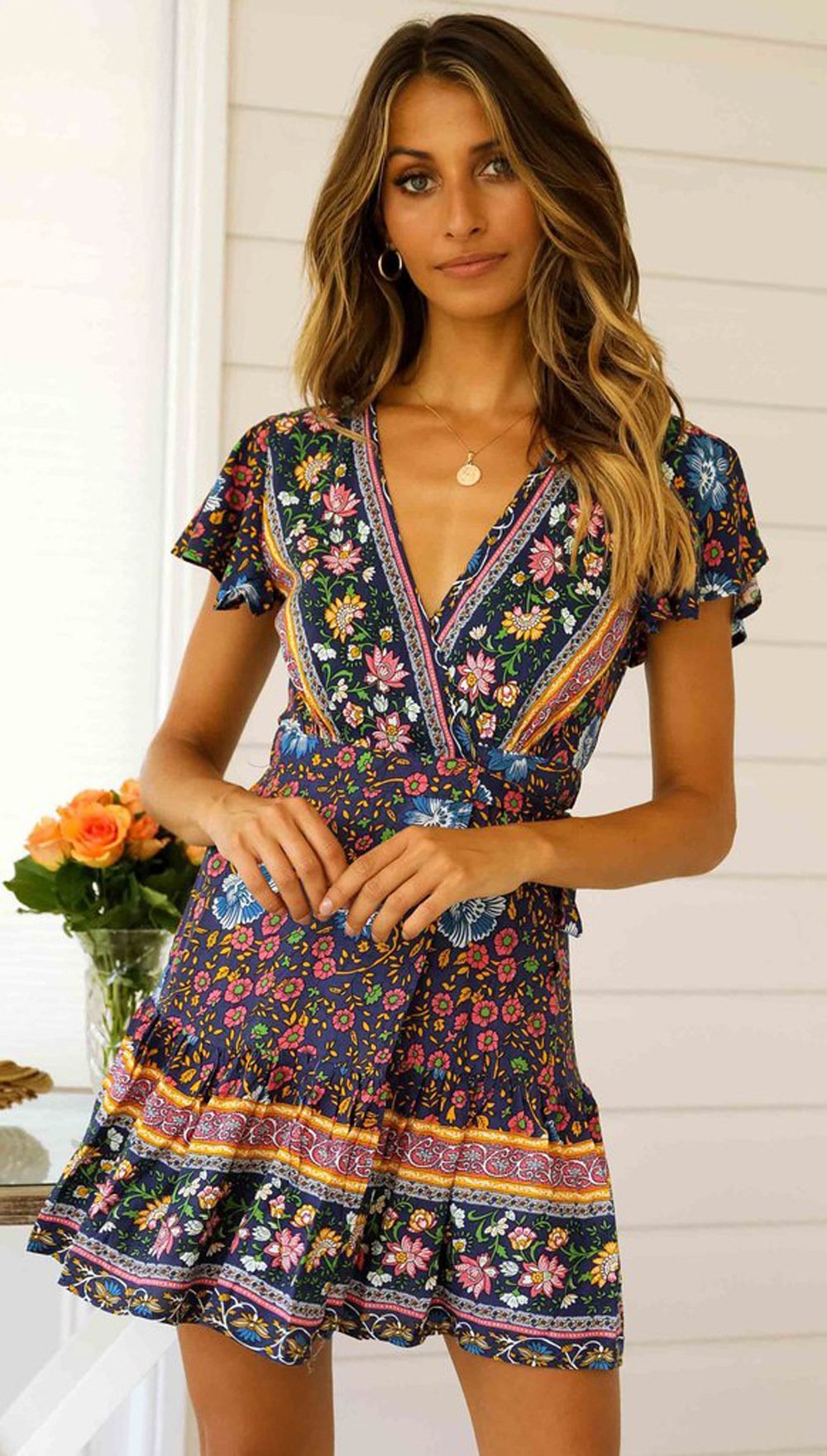 Spring Bohemian Beach Deep V-Neck Large Hem Print Dress