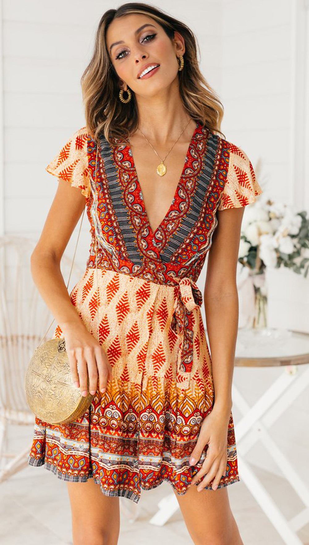 Bohemian Floral Pinrt Deep V-neck Summer Mini Dress