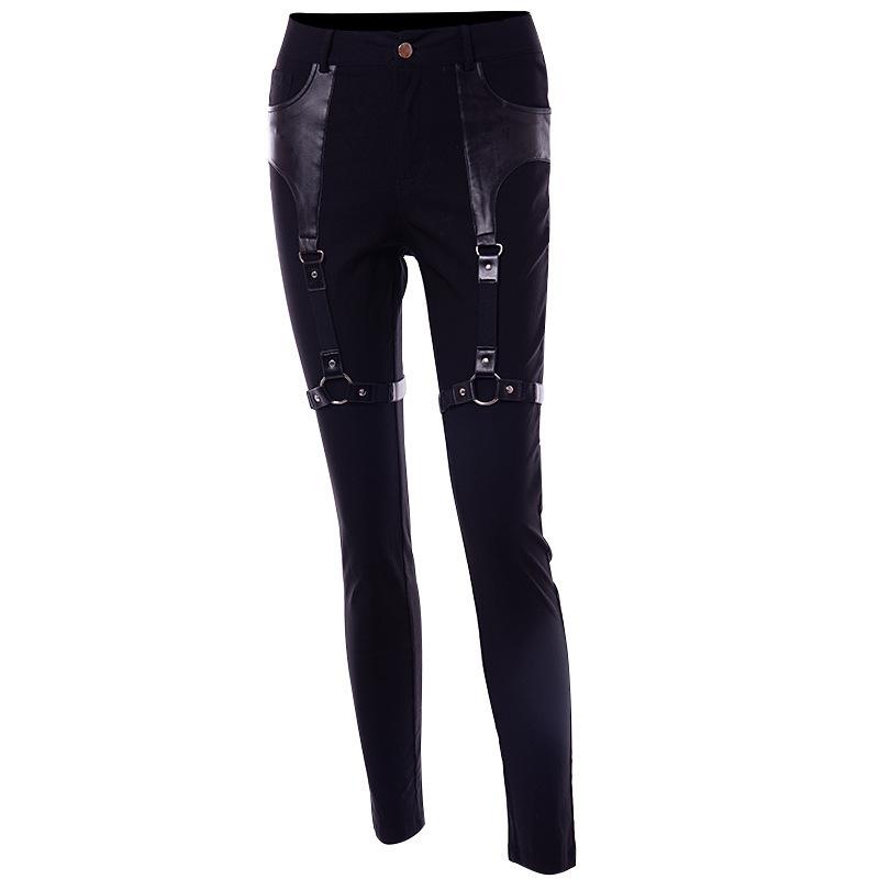 Casual Gothic Pants Women Halloween Sexy Leather Blet Patchwork Mid Cargo Pants Black Full Length Trousers