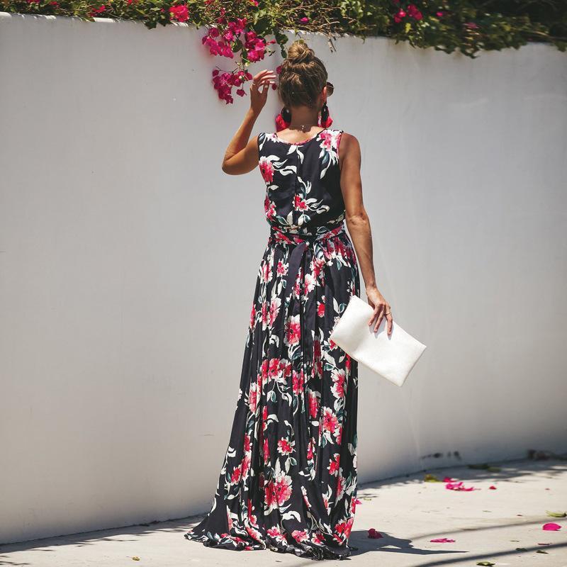 Bohemian Large Flower Print Slit V-Neck Sleeveless Large Swing Maxi Dress