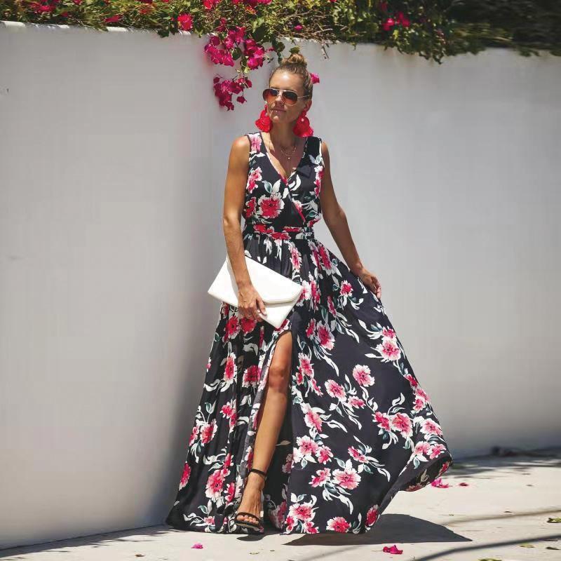 Bohemian Large Flower Print Slit V-Neck Sleeveless Large Swing Maxi Dress