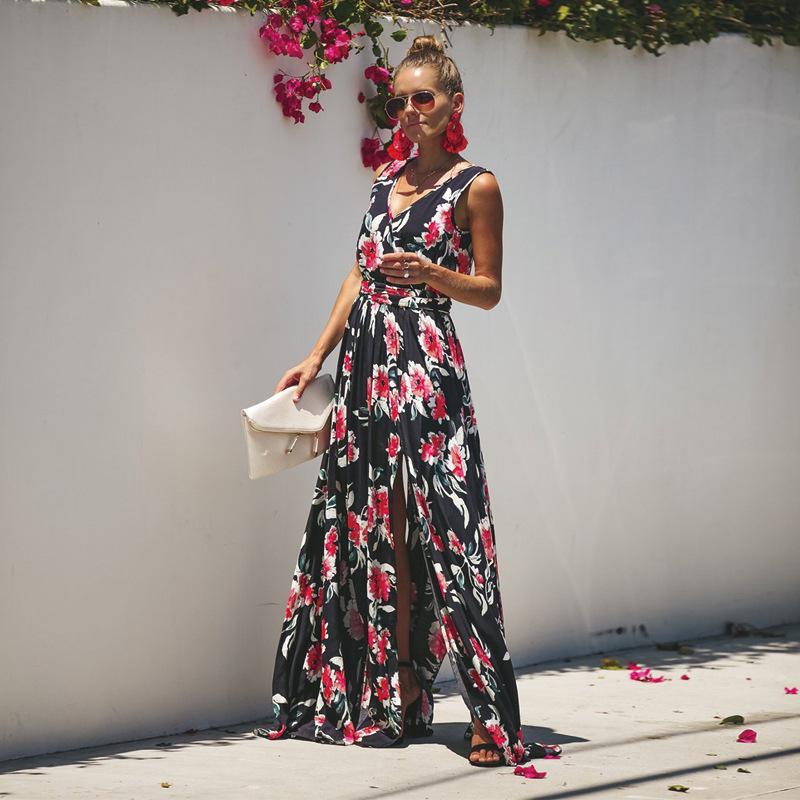 Bohemian Large Flower Print Slit V-Neck Sleeveless Large Swing Maxi Dress