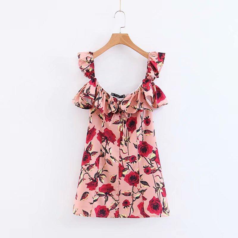 Spring and Summer Print Sleeveless Ruffled Off-The-Shoulder Dress