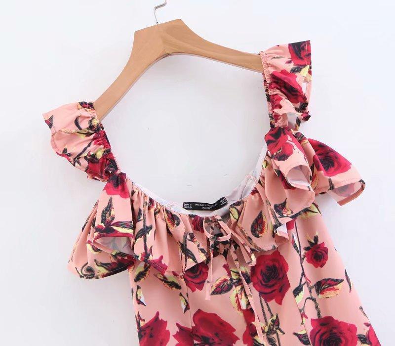 Spring and Summer Print Sleeveless Ruffled Off-The-Shoulder Dress