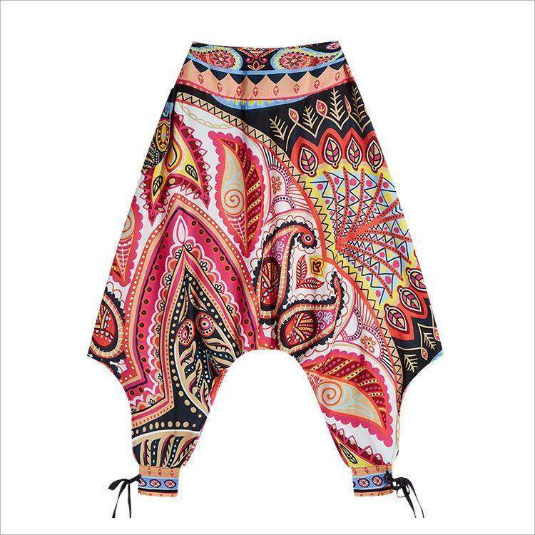 Women's Bohemian Digital Print Bottom with High Waist Showing Thin and Loose Waisted Lantern Pants