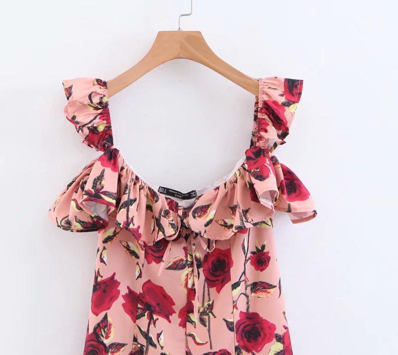 Spring and Summer Print Sleeveless Ruffled Off-The-Shoulder Dress