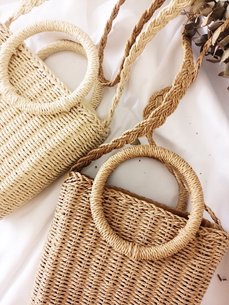 Vintage Ring Paper Rope Handbag Square Straw Bag Beach Bag