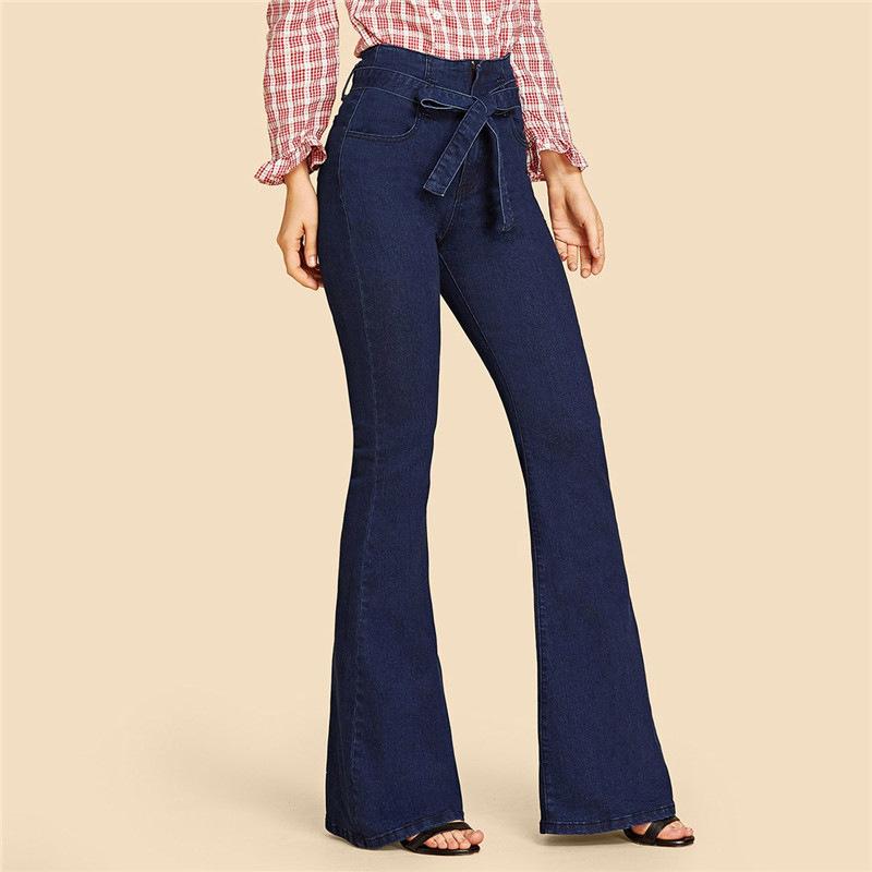 High Waist Sky Blue High Elastic Slim Tie Wide Leg Flared Jeans