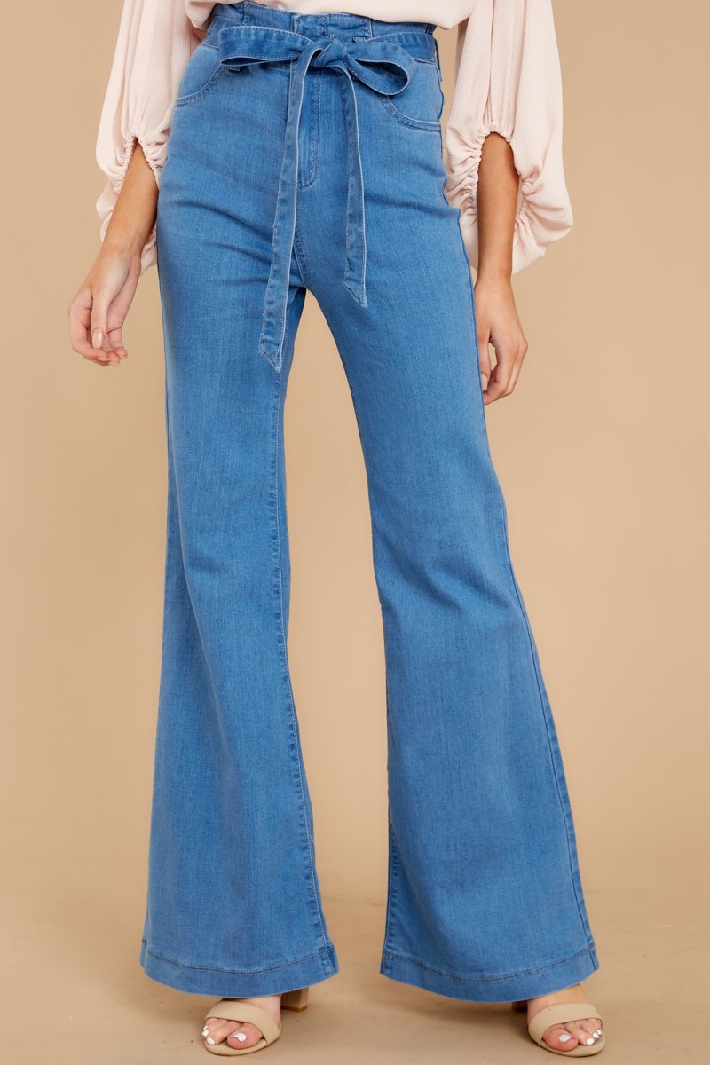 High Waist Sky Blue High Elastic Slim Tie Wide Leg Flared Jeans