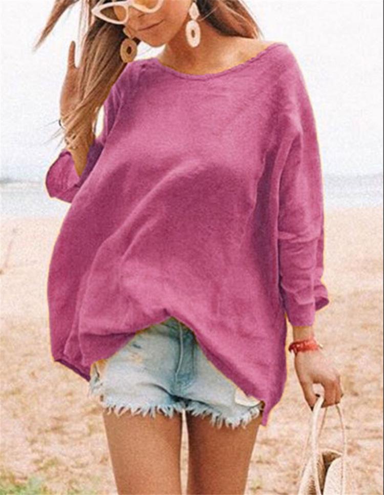 Round Collar Fashion Versatile Loose Cotton and Linen Primer T-shirt Women