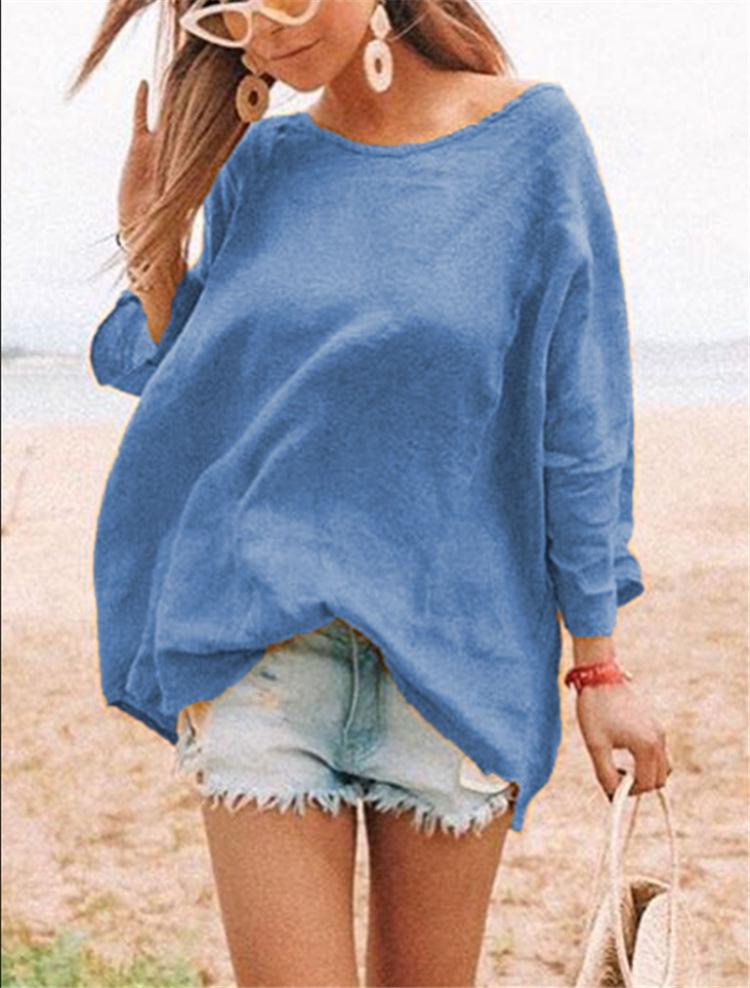 Round Collar Fashion Versatile Loose Cotton and Linen Primer T-shirt Women