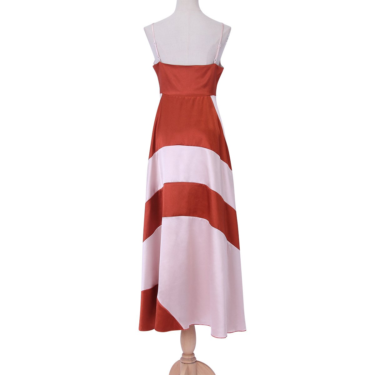 Red and White Stitching Strips Shoulder Strap Deep V-Neck Dress