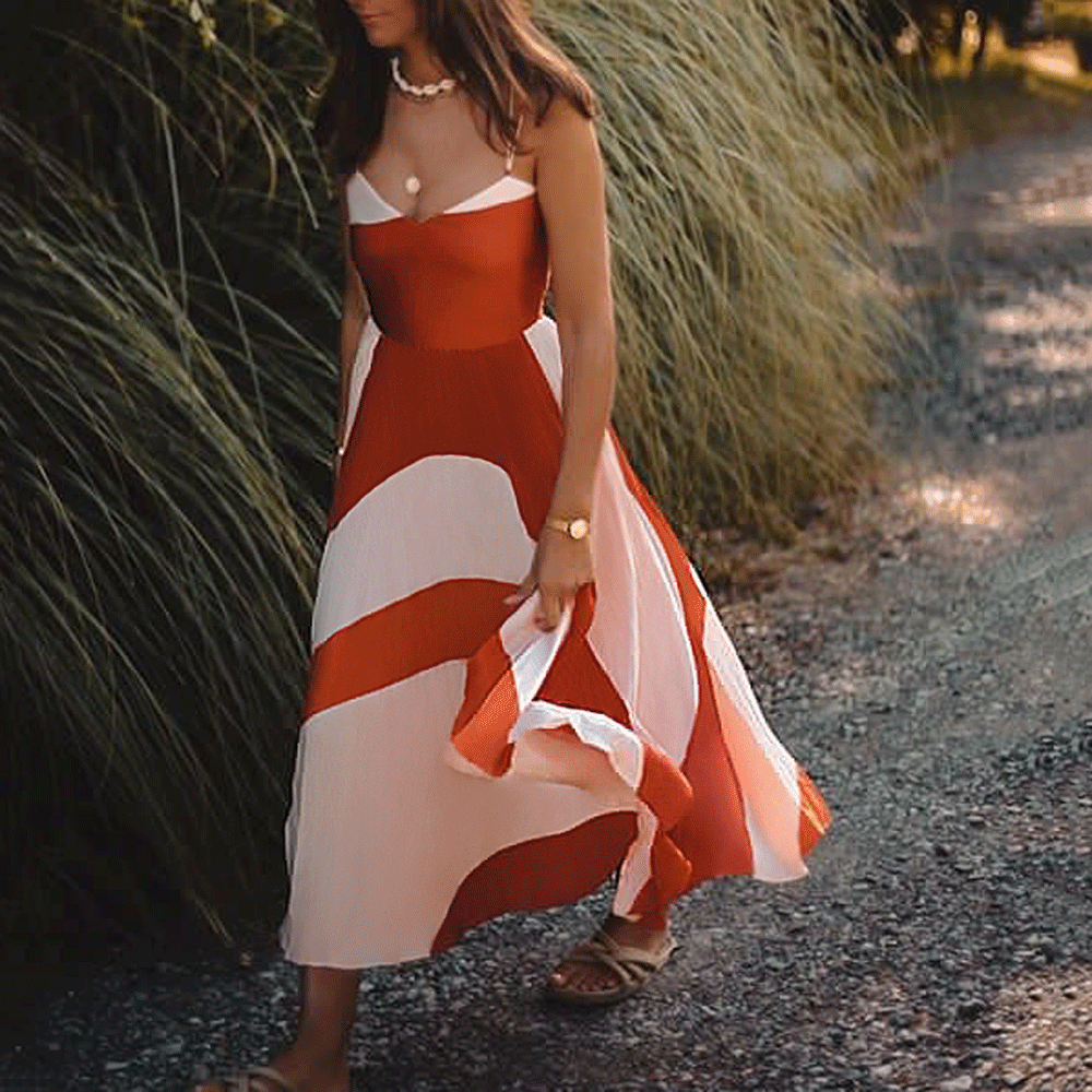 Red and White Stitching Strips Shoulder Strap Deep V-Neck Dress