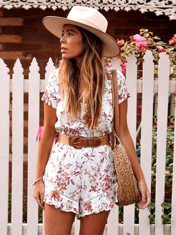 Summer New Boho Women Short-sleeved Drawstring Waist Openwork Lace Stitching Ruffled Print Jumpsuit