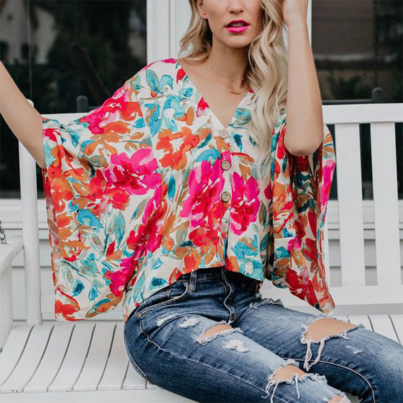 Large and Medium Sleeve V-neck Loose Printed Chiffon Shirt